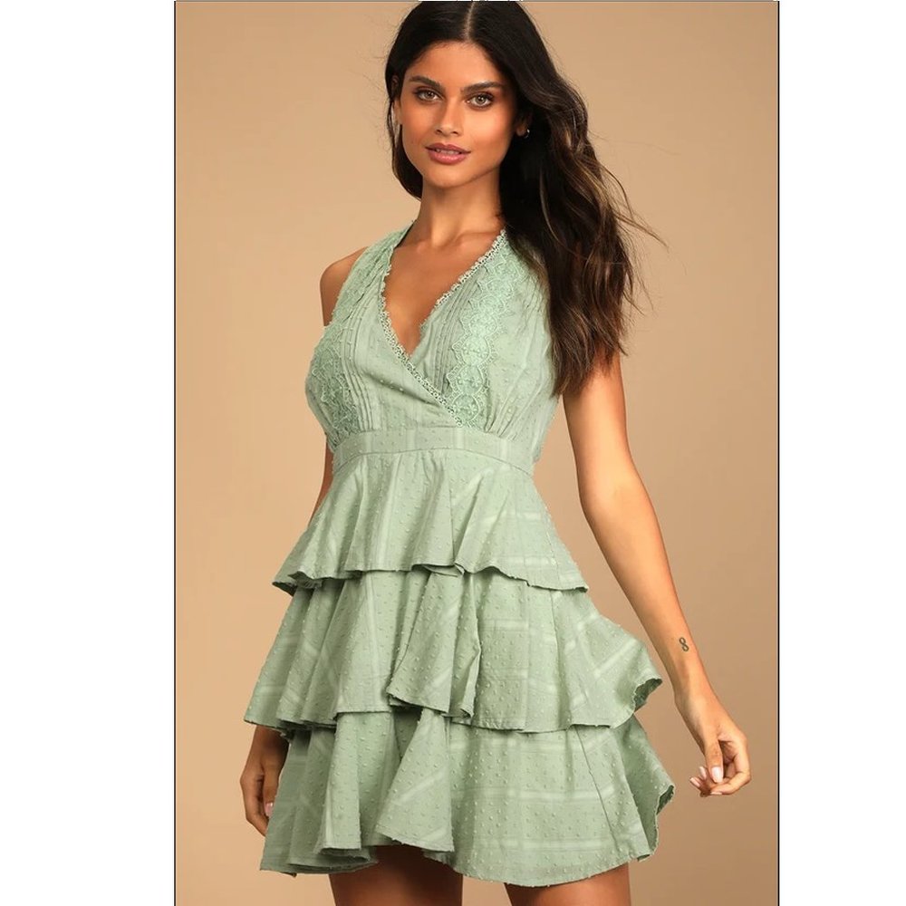 Love and Whimsy Sage Green Crochet Lace Tiered Mini Dress